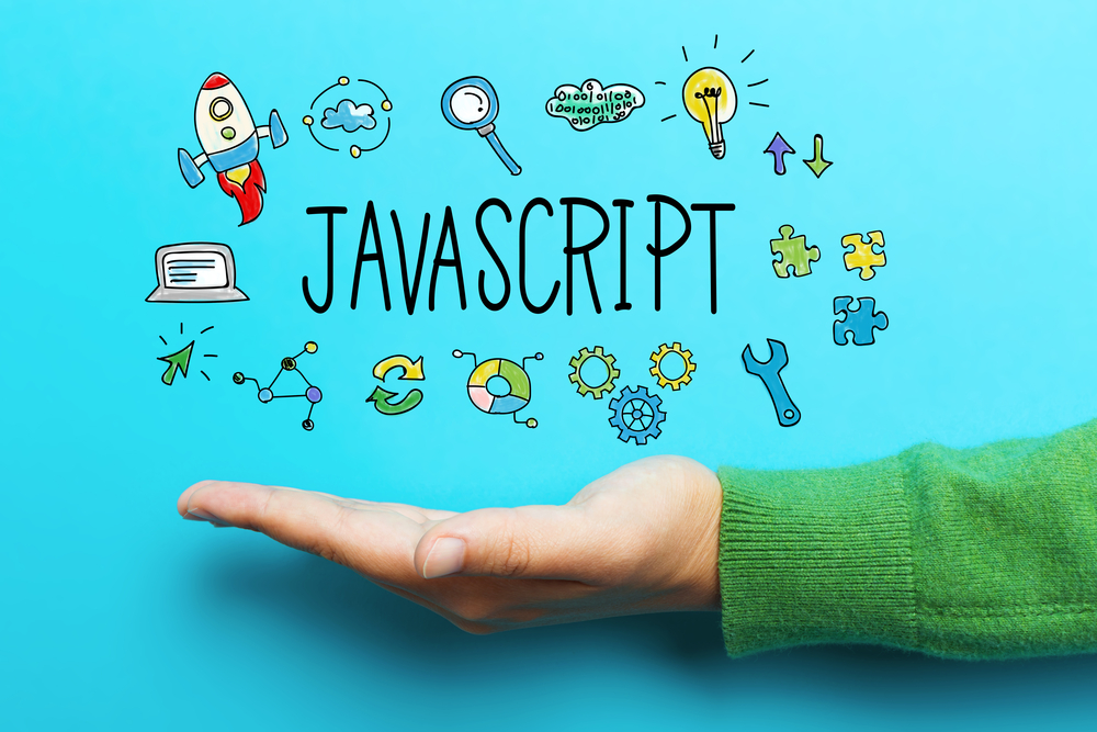 JavaScript concept with hand on blue background(TierneyMJ)S