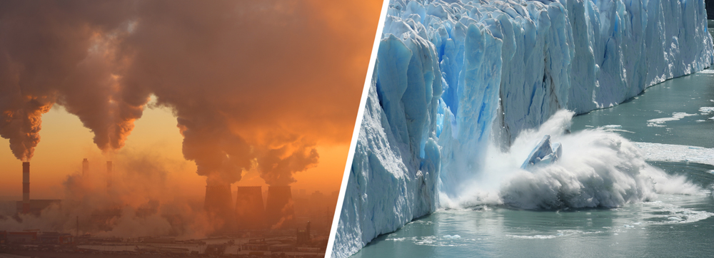 Um dos principais motores do aquecimento global e das mudanças climáticas (L), e sua consequência associada (R)