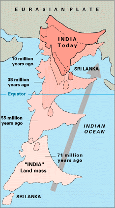 Due to plate tectonics, the India Plate split from Madagascar and collided (c. 55 Mya) with the Eurasian Plate, resulting in the formation of the Himalayas