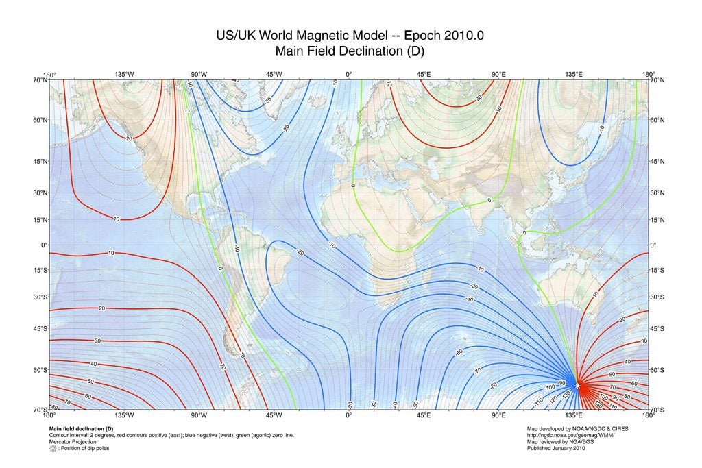Mercator projection of geomagnetic declination based on the World Magnetic Model 2010