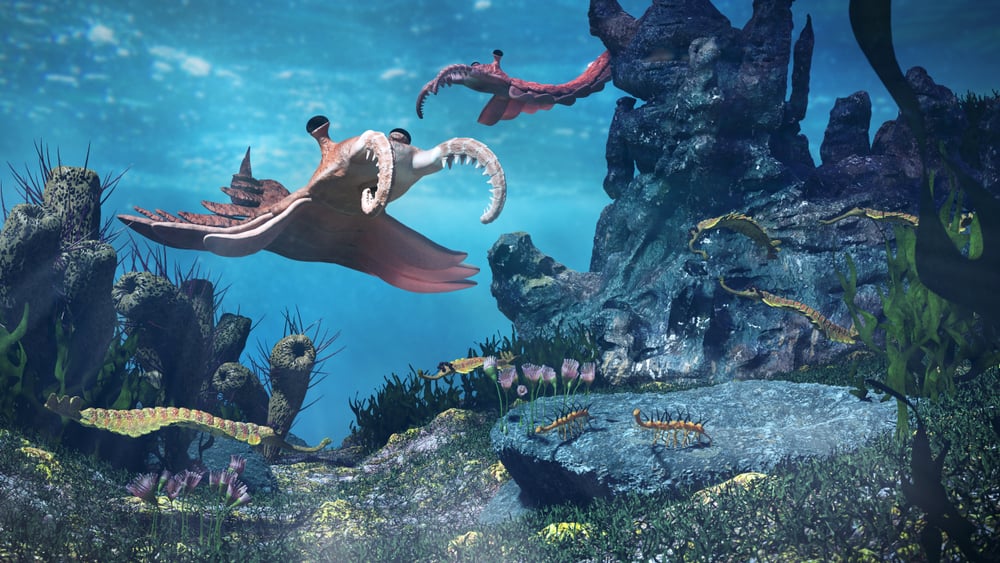 creatures of the Cambrian period, underwater scene with Anomalocaris, Opabinia(Dotted Yeti)s