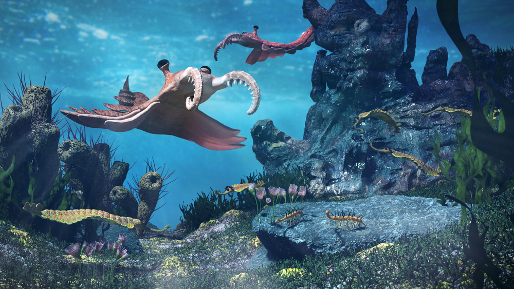 criaturas do período Cambriano, cena subaquática com Anomalocaris, Opabinia (Dotted Yeti) s