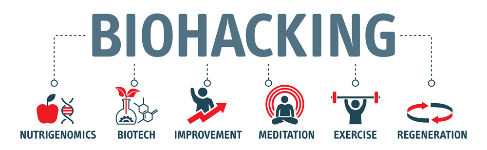 Banner de ilustração vetorial de Biohacking. Conceito de auto-aperfeiçoamento de pessoas (Trueffelpix) S