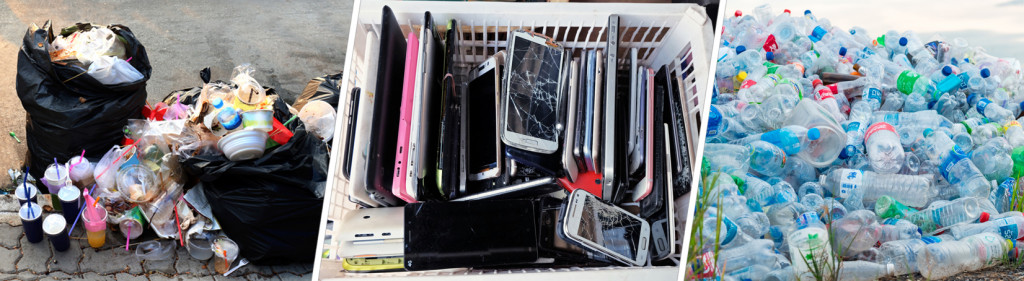 Pile of Garbage plastic black & Pile of used mobile phones Waste Division broken or damage & plastic bottle for recycle management