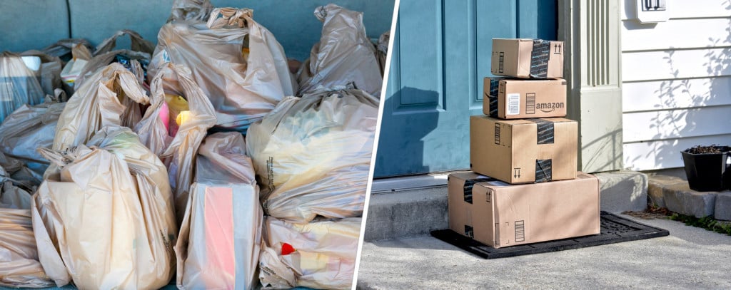 Sacos plásticos cheios de mantimentos no porta-malas e pacote da Amazon