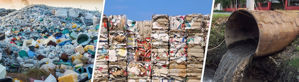 The different types of waste circulating on our planet—plastic, cardboard and liquid