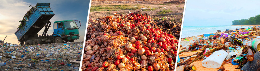 Waste being dumped in landfills, open grounds, and in oceans and beaches