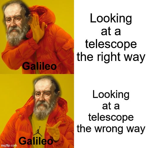 Looking at a telescope the right way; Looking at a telescope the wrong way