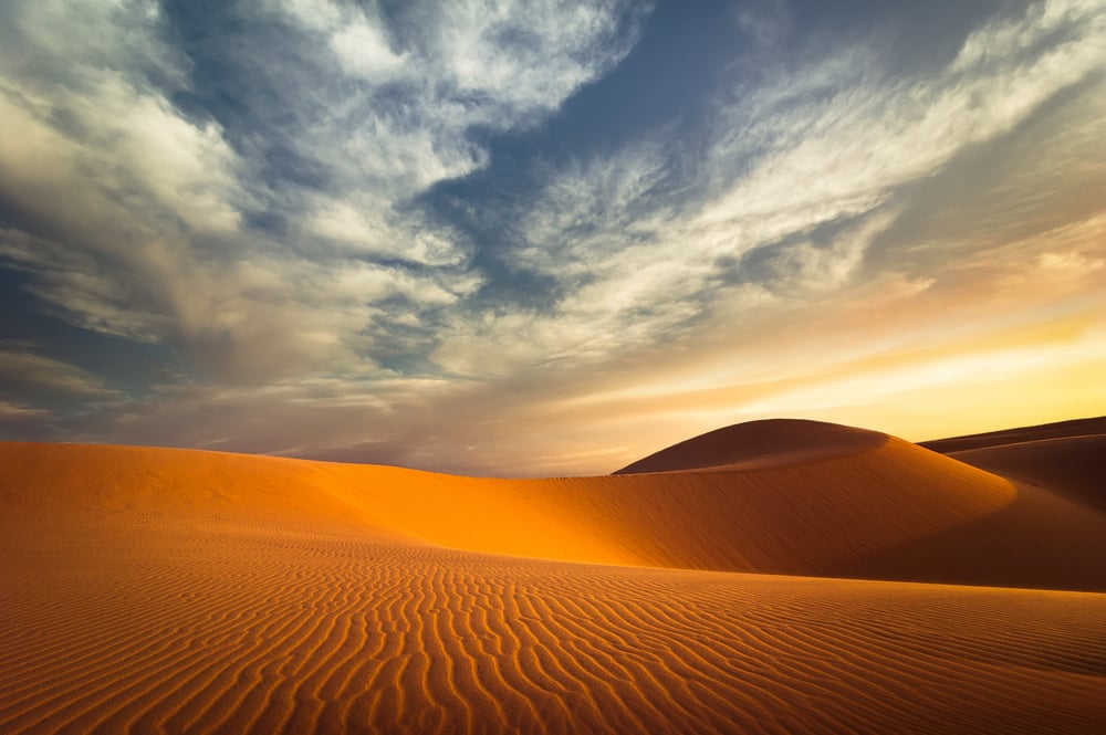 Global,Warming,Concept.,Lonely,Sand,Dunes,Under,Dramatic,Evening,Sunset