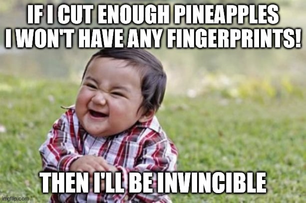 IF I CUT ENOUGH PINEAPPLES I WON'T HAVE ANY FINGERPRINTS meme