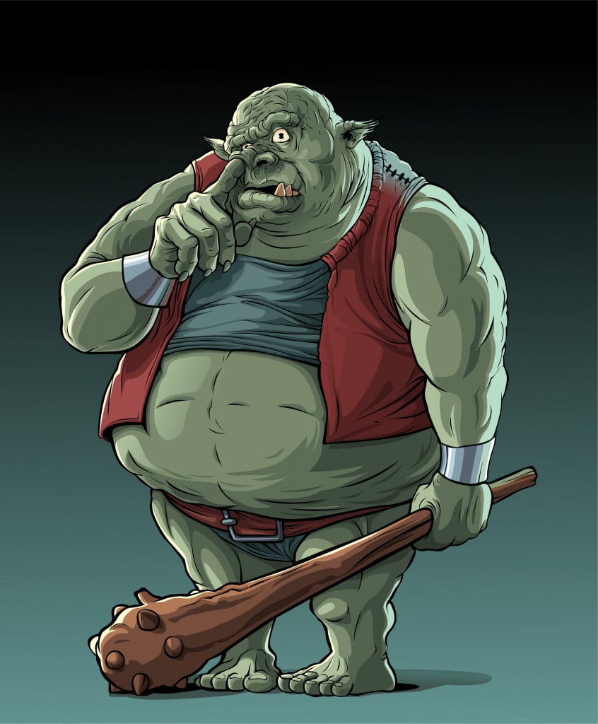 Grande troll gordo com porrete em pé na floresta