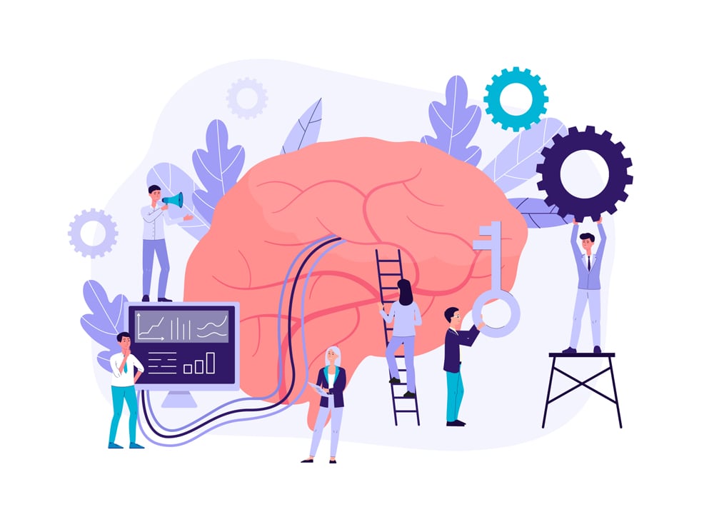 Neuromarketing technology concept with people cartoon characters analyzing customer behavior and developing marketing strategy, flat isolated vector illustration.