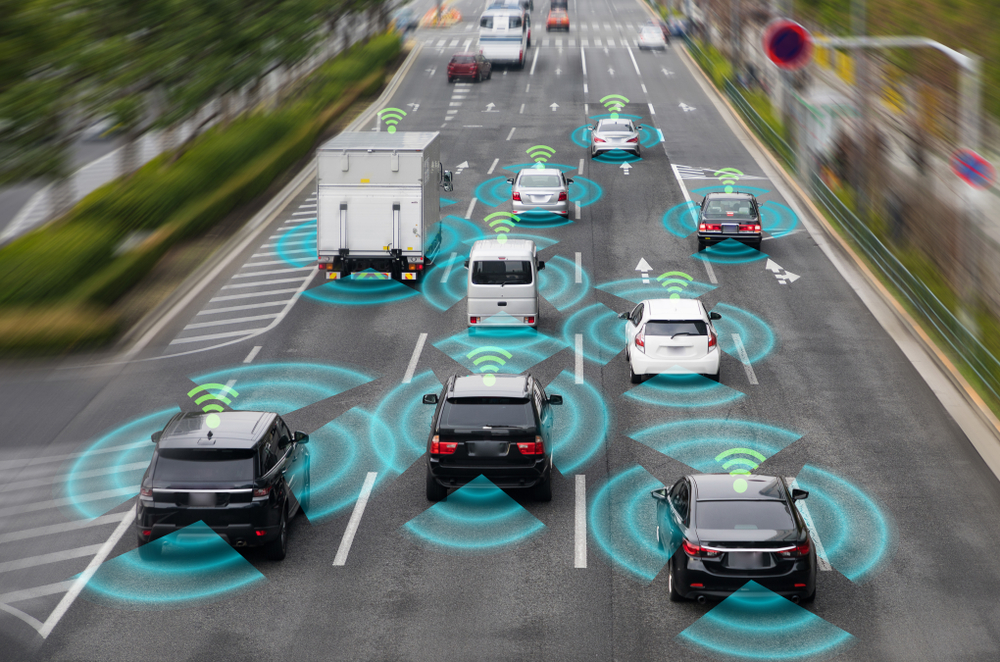 Sensing system and wireless communication network of vehicle. Autonomous car. Driverless car. Self driving vehicle.