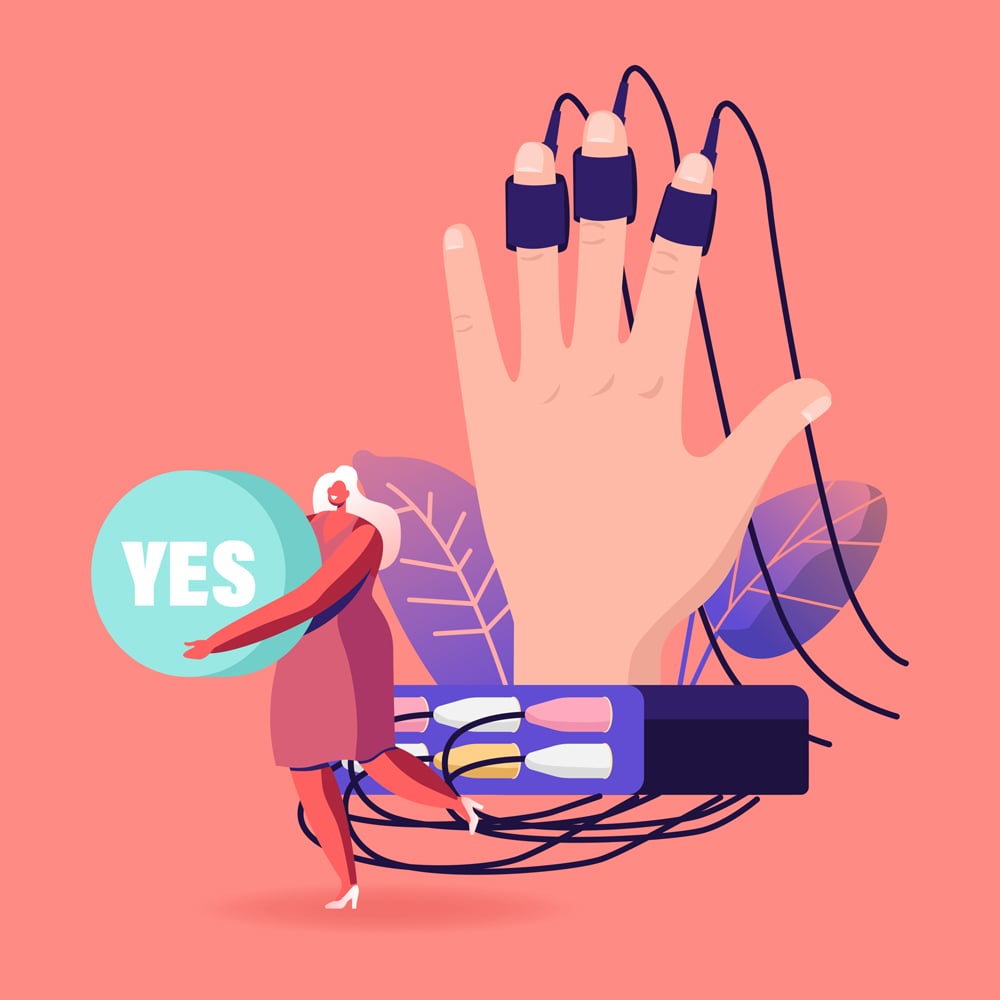 Tiny Female Character Holding Word Yes in Hands Stand at Huge Human Hand Connected with Wires to Polygraph Device. Palm with Sensors on Fingers. Lie Detector Test. Cartoon Vector Illustration