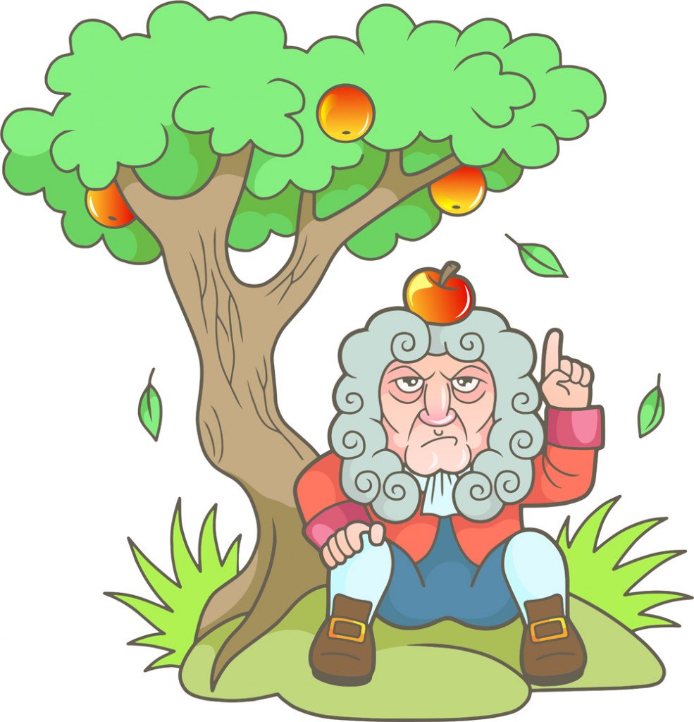 Cartoon Newton sits under the apple tree