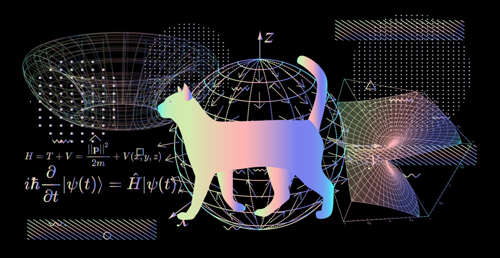 Illustration of Erwin Schroedinger's (or Schroedinger) thought experiment, where the cat is both alive and dead due to interpretations of quantum mechanics and state known as a quantum superposition.