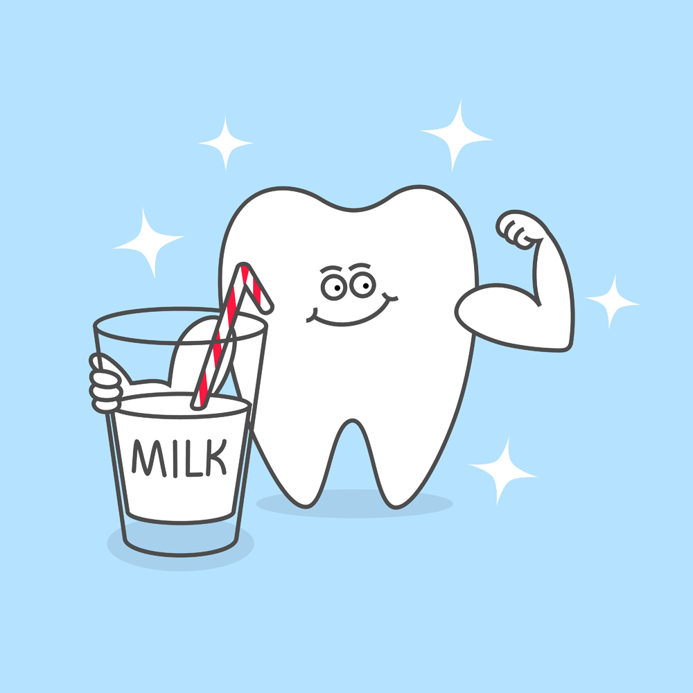 Strong,Cartoon,Tooth,With,A,Glass,Of,Milk,And,Muscles.
