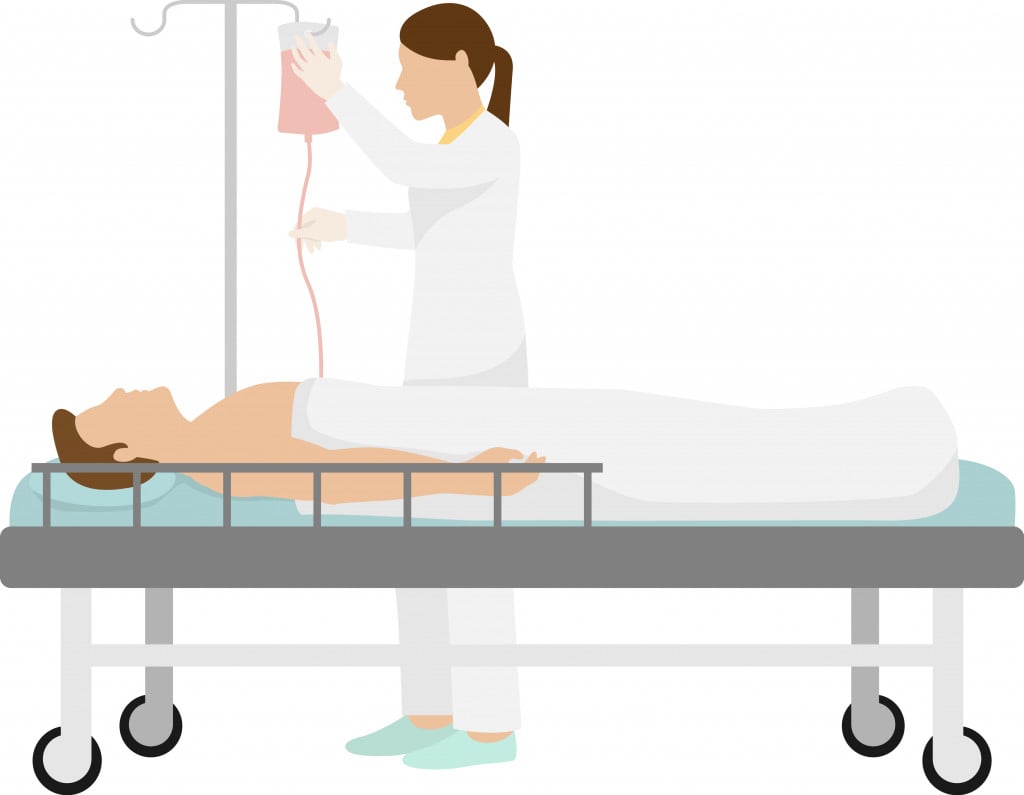 Doctor give blood transfusion to man in clinic, vector illustration. Hospital medical care about patient on bed by equipment