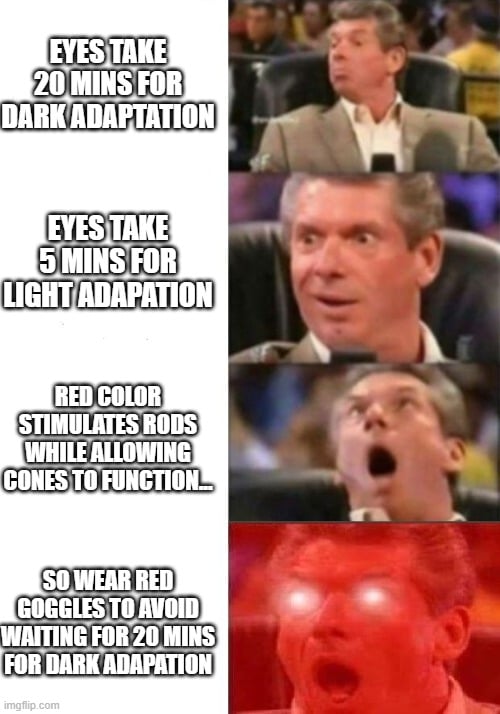 EYES TAKE 20 MINS FOR DARK ADAPTATION; EYES TAKE 5 MINS FOR LIGHT ADAPATION meme