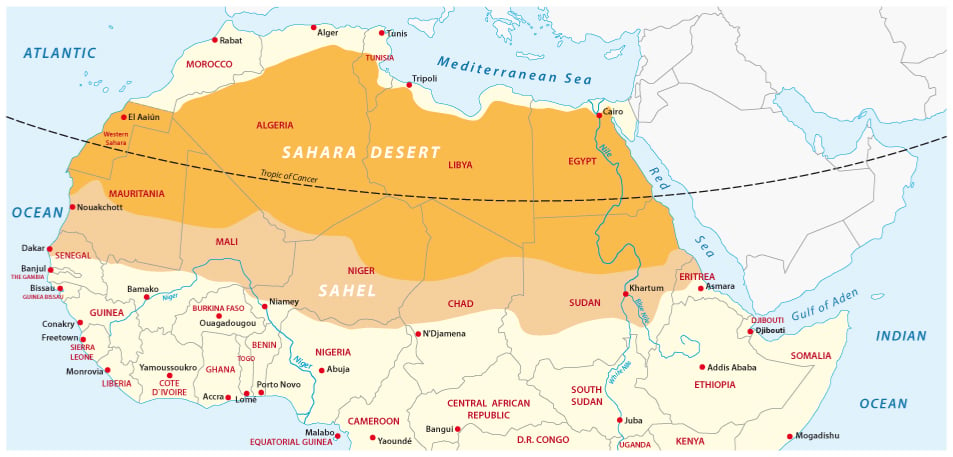 Vector map of the Sahara desert and Sahel zone