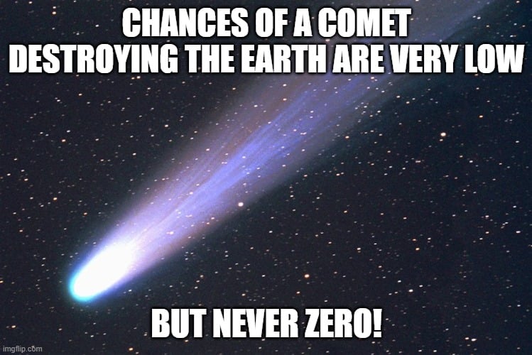 You are more likely to die from a <a href="https://www.nature.com/articles/367033a0">snake bite</a> than a comet.