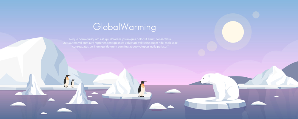 Global warming ice landscape vector illustration. Cartoon flat penguins group and polar bear floating on iceberg of melting arctic or antarctic glacier in north sea. Global warming concept background