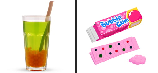 Green tea with orange popping boba & Diagrammatic Interpretation of multi-flavored changing Gum