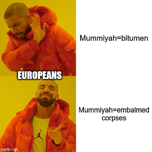 Mummiyah=bitumen; EUROPEANS; Mummiyah=embalmed corpses