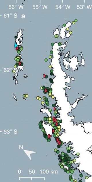 The green circles represent the algal bloom density (the darker the more). The red triangles represent sites of in-situ ground validation.