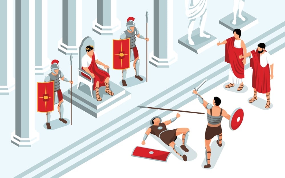 Composição isométrica de gladiadores de roma antiga com vista da sala do trono e monarca assistindo ilustração vetorial de luta de batalha de duelo