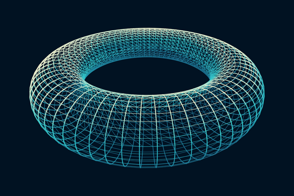 Connection Structure. Torus Shape Wireframe. Cyberspace Grid. Glowing mesh on a dark background.