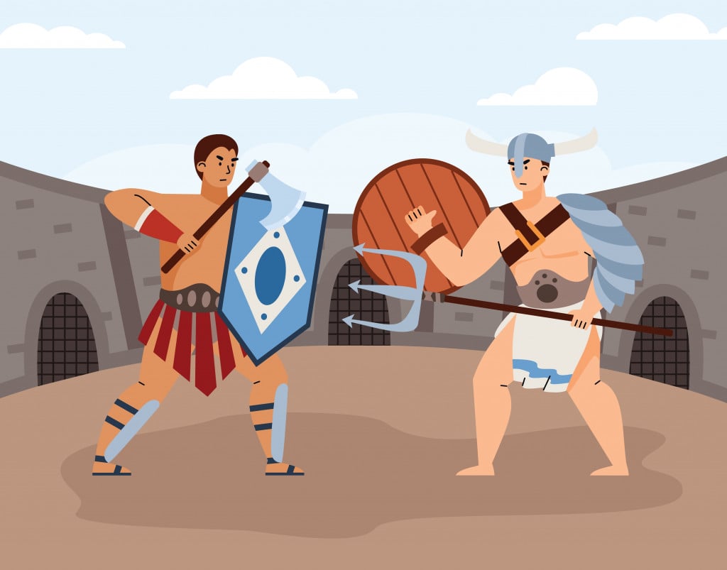 Cartaz vetorial com gladiadores romanos antigos armados ou legionários em luta na arena do coliseu