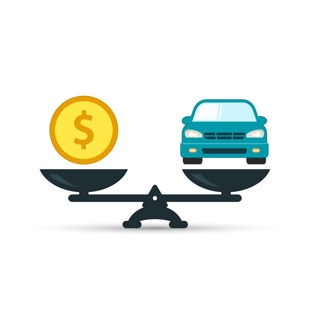 Car and money on scales icon, vector. Scales with car and dollar coin in flat style. Buying car concept.