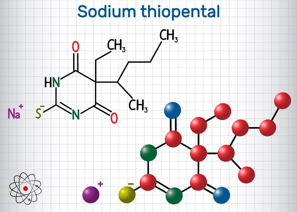 Sodium thiopental drug molecule. It is a rapid-onset short-acting barbiturate general anesthetic. Structural chemical formula and molecule model. Sheet of paper in a cage. Vector illustration