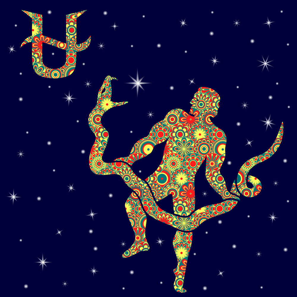 Alternative thirteenth Zodiac sign Ophiuchus with colorful flowers fill in warm hues on a background of the blue starry sky, vector illustration