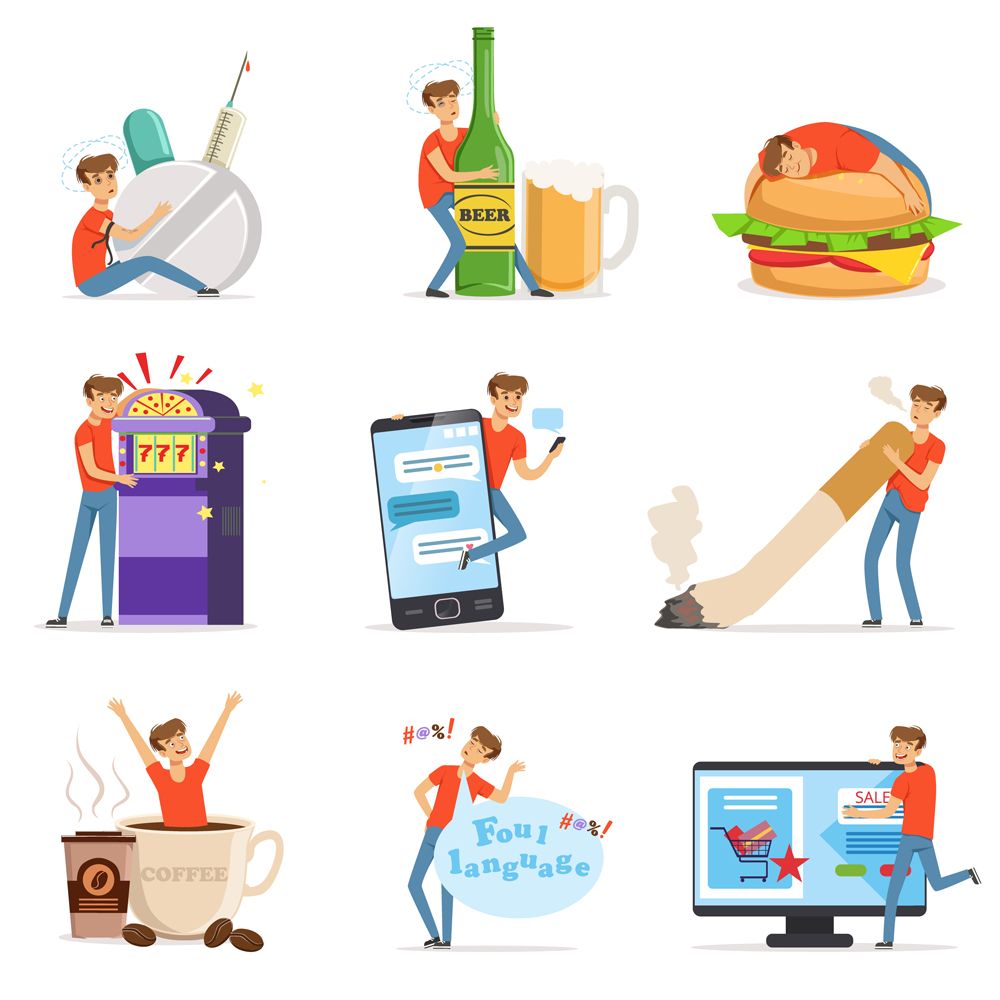 Bad habits set, alcoholism, drug addiction, smoking, gambling addiction, smartphone, shopping, coffeemania, gluttony with obesity vector Illustrations