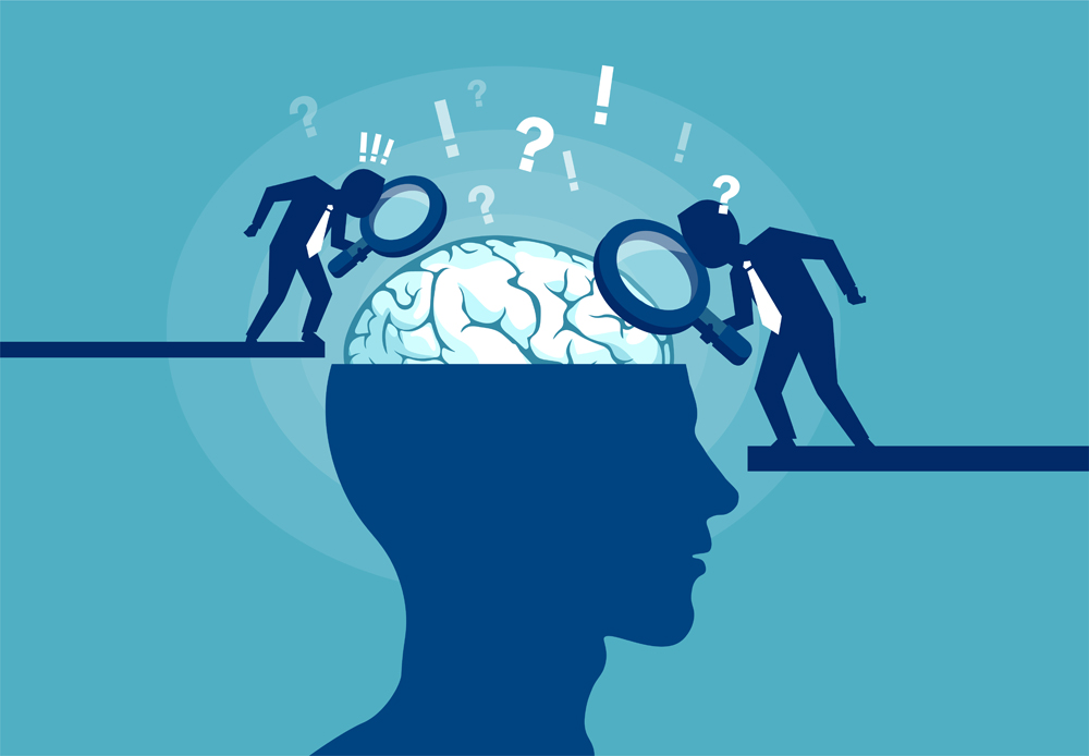 Colorful vector illustration of scientists researching brain and psychology of human on blue background