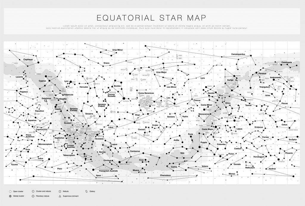 High detailed star map with names of stars, contellations and Me