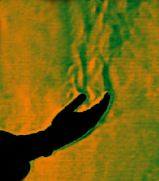 We can even see the heat rising off our hands with schlieren imaging.