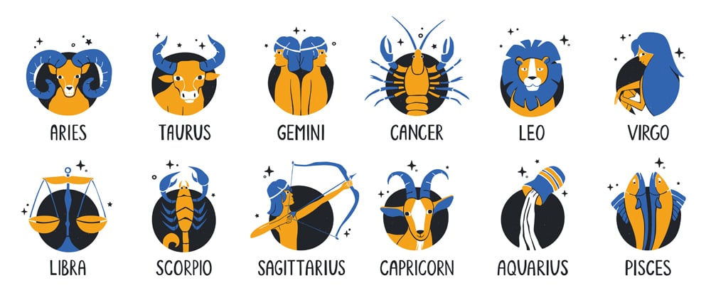 Zodiac signs set. Collection of highlight story covers for social media. Twelve astrological stickers with handwritten names. Vector hand drawn illustration