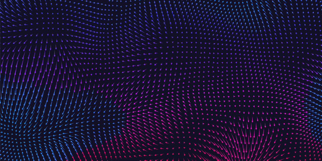 Vector colorful field visualization of forces. Magnetic or gravitational fluctuations chart. Science backdrop with a matrix of arows with magnitude and direction. Flow representation. Interaction