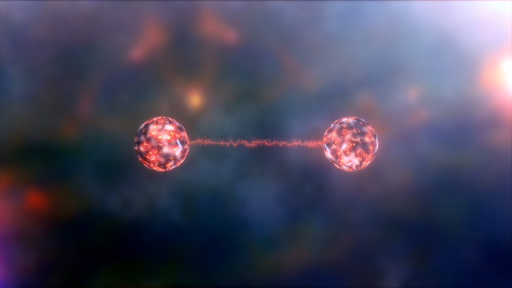 Quantum entanglement: When the quantum states of two particles overlap in such a way that they (states) remain entangled even after separating.