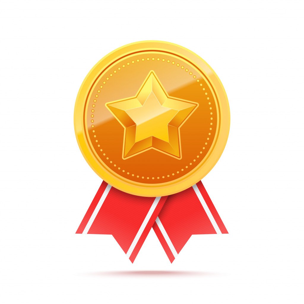 3D Gold medal with star and red ribbon. Winner award icon