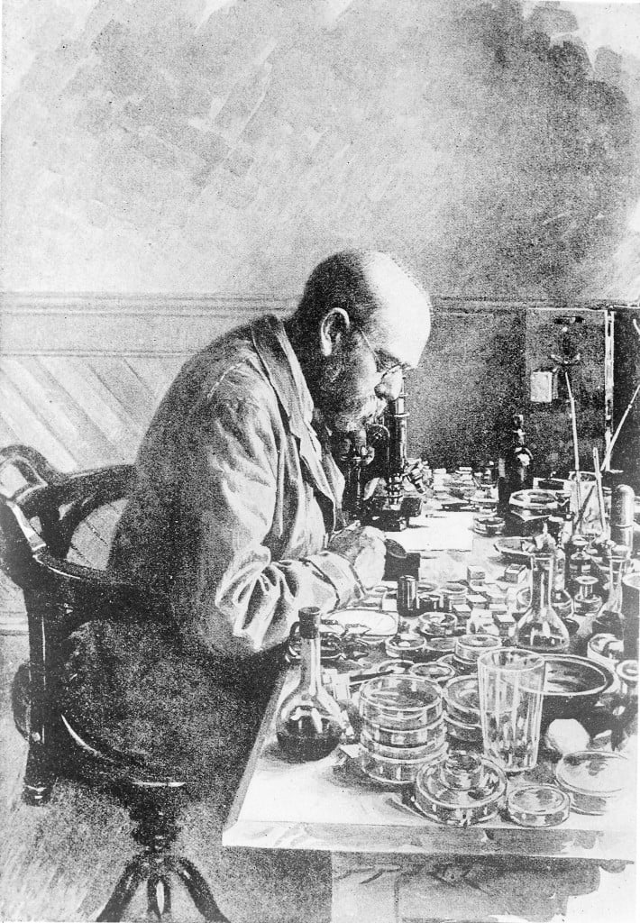 A gouache painting of microbiologist Robert Koch at his work bench