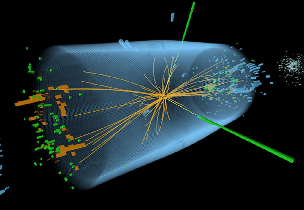 The decay of the Higgs boson (in yellow) into other elementary particles in LHC is shown