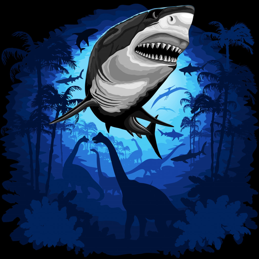 Great White Shark coming out from a Surreal Prehistorical Underwater Seascape with dinosaurs and Palm Trees Vector art Illustration