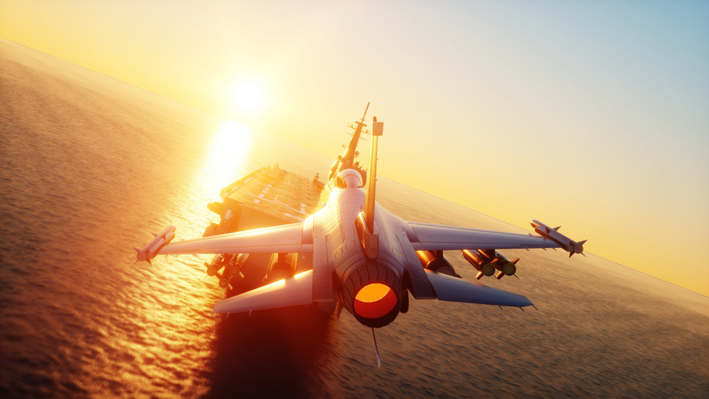 Landing,Jet,F16,On,Aircraft,Carrier,In,Ocean.,Military,And