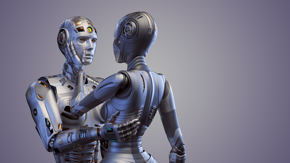 3d,Render,Of,Two,Detailed,Cyborgs,Man,And,Woman,Or