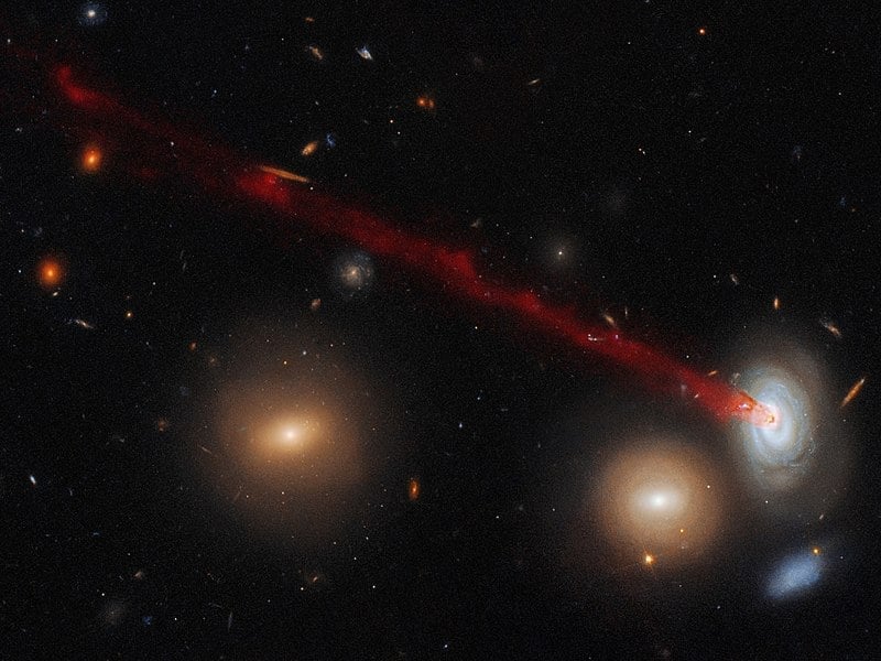 This striking image combines data gathered with the Advanced Camera for Surveys, installed on the NASA/ESA Hubble Space Telescope and data from the Subaru Telescope in Hawaii. It shows just a part of the spectacular tail emerging from a spiral galaxy nicknamed D100. Tails such as these are created by a process known as ram-pressure stripping. Despite appearances, the space between galaxies in a cluster is far from empty; it is actually filled with superheated gas and plasma, which drags and pulls at galaxies as they move through it, a little like the resistance one experiences when wading through deep water. This can be strong enough to tear galaxies apart, and often results in objects with peculiar, bizarre shapes and features — as seen here. D100’s eye-catching tail of gas, which stretches far beyond this image to the left, is a particularly striking example of this phenomenon. The galaxy is a member of the huge Coma cluster. The pressure from the cluster’s hot constituent plasma (known as the intracluster medium) has stripped gas from D100 and torn it away from the galaxy’s main body, and drawing it out into the plume pictured here. Densely populated clusters such as Coma are home to thousands of galaxies. They are thus the perfect laboratories in which to study the intriguing phenomenon of ram-pressure stripping, which, as well as producing beautiful images such as this, can have a profound effect on how galaxies evolve and form new generations of stars. Links Hubblesite release