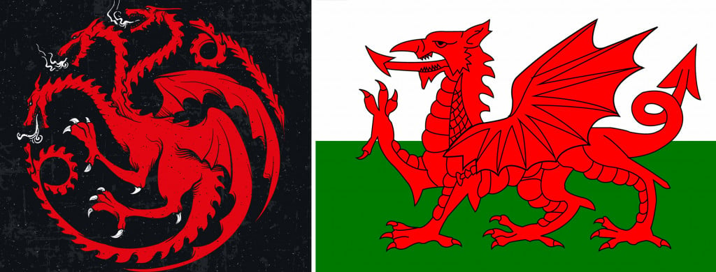 The Targaryen sigil shows a dragon with two legs vs the wales flag showing a dragon with 4 legs